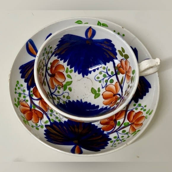 19th Century Antique Gaudy Welsh Butterfly Pattern Hand Painted Cup & Saucer Set - Picture 8 of 15